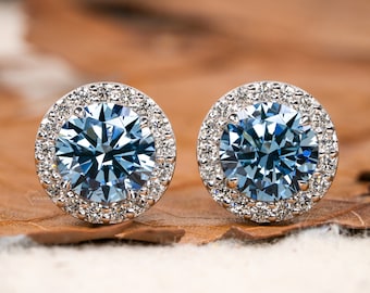 Round Lab Grown Diamond Cluster Earrings,0.50Ct To 1.00Ct Blue Colored Round Diamond Halo Stud Earrings,14K White Gold Wedding Studs For Her