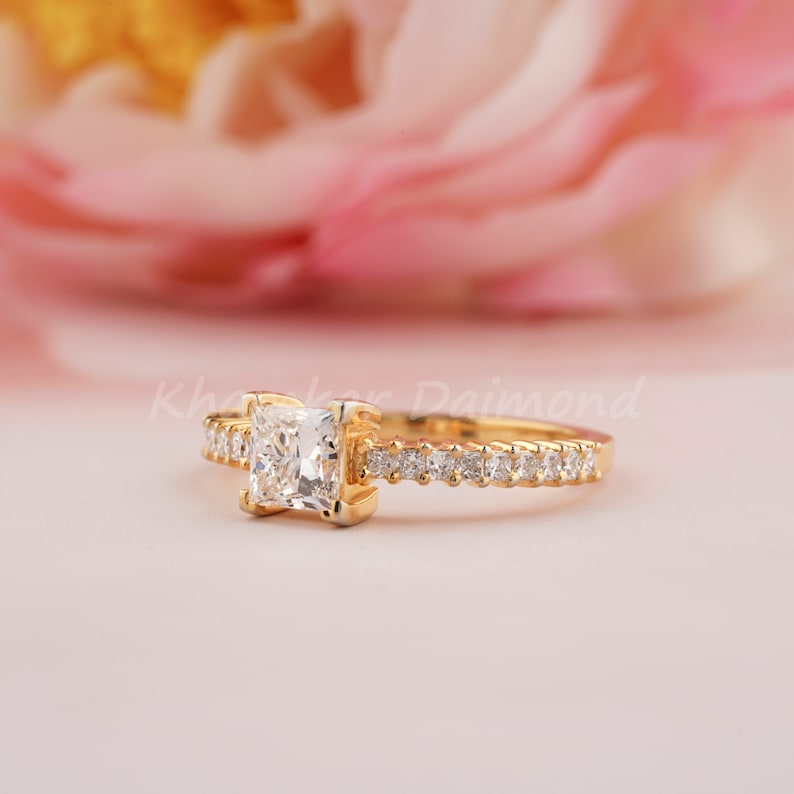 Princess Cut Lab Grown Diamond Engagement Ring,1 Ct Princess Diamond Wedding Ring,Gift For Her,Pave Ring,Anniversary Gift Ring,D/E VVS2 image 2