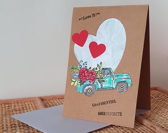 Carte  Saint Valentin, mariage, amoureux, amour, coeurs, fleurs, voiture vintage, confidentiel, top priorié, Love it, fait main, création