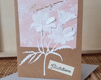 Carte félicitations mariage, bouquet fleurs blanches, fait main.