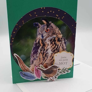 Carte Hibou, oiseaux plumes "Juste un petit mot"