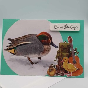 Carte " Bonne fête papa" canard colvert et ses canetons randonnée musique voyage