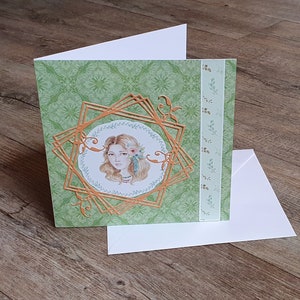 Jeune fille, carte, voeux, anniversaire, romantique