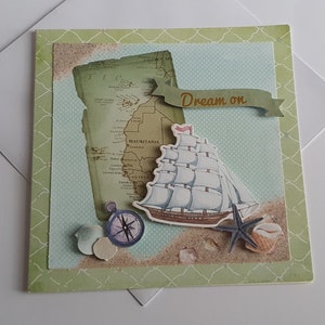 Carte thème mer, relief, voilier, boussole, étoile de mer, coquillage, carte Mauritanie, Dream one, rêver,sable, voyage.