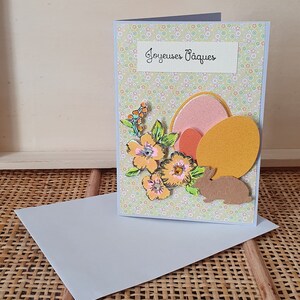 Carte Joyeuses Pâques, printemps, fleurs, strass, oeufs, lapin