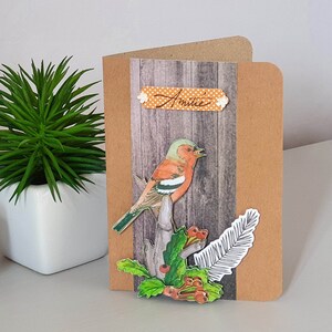 Carte Amitié oiseau feuillages nature bois couleur kraft