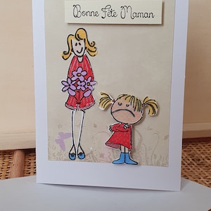 Card "Happy Birthday Mom" little blonde girl and her mom, flowers, fun. Handmade