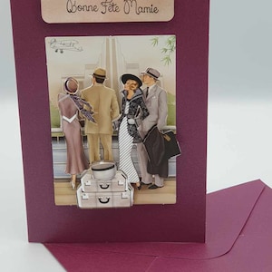 Carte " bonne fête mamie" thème années 30, voyage chic, couples.