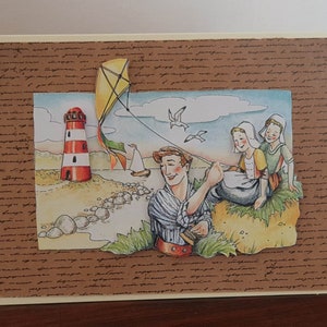 Carte vintage vacances en famille à la mer en Hollande cerf vollant phare