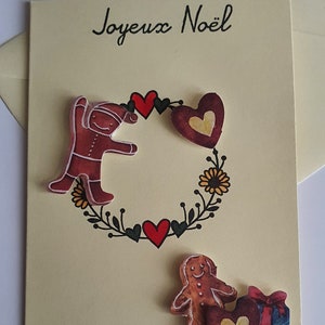 Carte Noël,  tampon, relief, pain épice, coeur, cadeau, Joyeux Noël