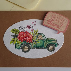 Carte,voiture, fleurs, tampon vintage, hello there ! bonjour, anniversaire, toute occasion