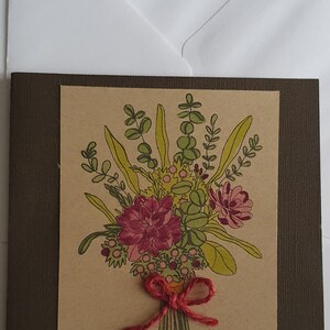 Carte bouquet de fleurs, couleur kraft, tampon, noeud ficelle, toutes occasions, faite main