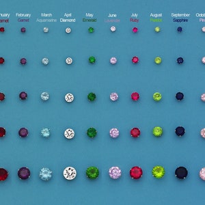 May include: A chart of birthstone earrings in different sizes and colors. The chart shows the birthstones for each month of the year, from January to December. The earrings are available in sizes 3mm, 4mm, 5mm, 6mm, and 8mm.