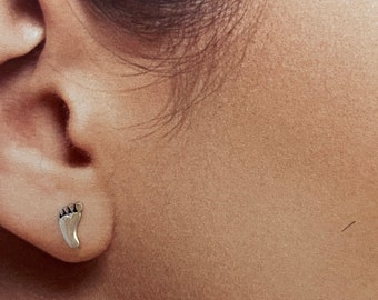 Sterling Silver FOOTPRINT Stud Earrings-High Polished Baby Footprint Stud Earrings-Silver Foot Stud Earrings