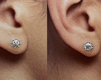 Sterling Silver SUN Stud Earrings-High Polished SMILEY FACE Sun Stud Earrings-Silver Smiley Sun Stud Earrings