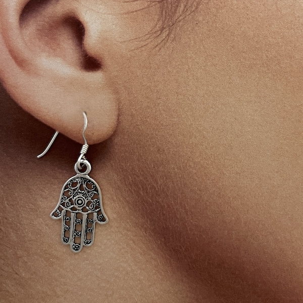 Sterling Silver HAND OF FATIMA Earrings-Sterling Silver Hand of Fatima Dangle Earrings-Silver hand Earrings