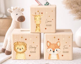 Personalisierte Spardose mit Namen | Kinder Spardose Waldtiere | Geschenk zur Geburt Taufe Baby | Sparschwein Kinderzimmer Holz | Skandiroom