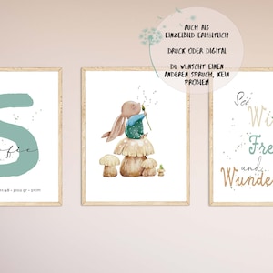 Kinderzimmer Bilder 3er Set Mädchen Junge | Personalisierte Kinderposter Wanddeko | Tiermotiv Hase mit Pusteblume Buchstabe und Geburtsdaten
