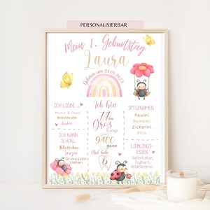 Geburtstafel, Meilensteintafel, 1.,2.,3.,4.,5.,6., Geburtstag, Geburtsposter, Geburtsanzeige, Geburtsdaten, Marienkäfer, Regenbogen, Blumen