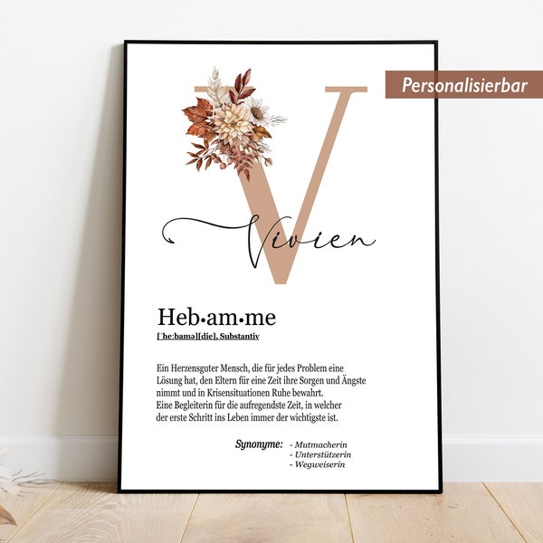 Hebamme Geschenk Dankeschön Poster, Personalisiertes Geschenk Hebamme, Geschenk für Hebamme mit Buchstabe und Name, Eucalyptus, Herbst