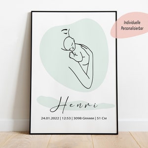 Personalisiertes Line Art Poster zur Schwangerschaft | Geschenk für meine Frau zu Muttertag | Geschenk zur Geburt von Baby mit Geburtsdaten