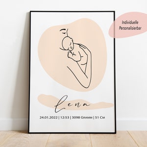 Personalisiertes Line Art Poster zur Schwangerschaft | Geschenk für meine Frau zu Muttertag | Geschenk zur Geburt von Baby mit Geburtsdaten