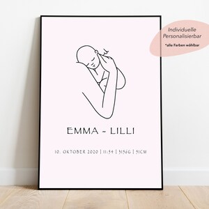 Personalisiertes Mutter mit Kind Line Art Poster | Geschenk für meine Frau zu Muttertag | Geschenk zur Geburt von Baby mit Geburtsdaten