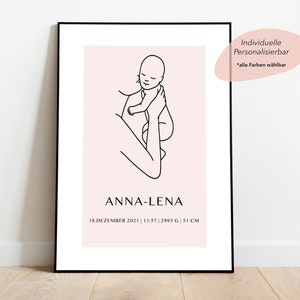 Personalisiertes Mutter mit Kind Line Art Poster | Geschenk für meine Frau zu Muttertag | Geschenk zur Geburt von Baby mit Geburtsdaten