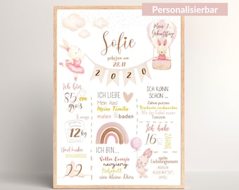 Birth chart, milestone chart, 1st, 2nd, 3rd, 4th, 5th, 6th birthday, birth poster, birth announcement, birth data, ballerina rabbit, animal motifs