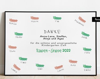 May include: A white background with the text "DANKE Anna-Lena, Steffan, Antje und Ayse für die schöne und unvergessliche Kindergarten Zeit Raupen - Gruppe 2022" and a series of green and orange caterpillars with names written underneath each one.