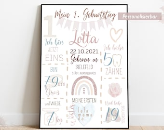 May include: A printable poster for a 1st birthday with a pink and blue color scheme. The poster features a rainbow, a heart, a tooth, a jar, and shoes. The text on the poster says "Mein 1. Geburtstag Personalisierbar", "Lotta", "22.10.2021", "Geboren in Bielefeld", "Ich bin eins", "79 cm", "7 kg", "Ich habe 5 Zähne", "Meine ersten Worte", "lala mama da", "und habe 19 Schuhgröße".