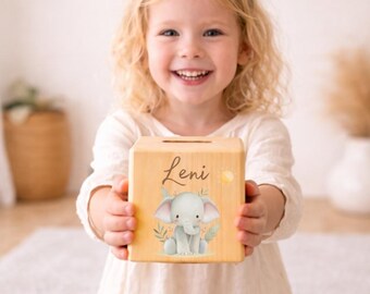 Hucha de madera personalizada con nombre – Animales de safari: león, elefante, jirafa, cebra – Regalo para nacimiento, bautizo, niña, niño