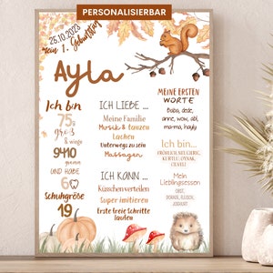 Geburtstafel, Meilensteintafel, 1.,2.,3.,4.,5.,6., Geburtstag, Geburtsposter, Geburtsanzeige, Geburtsdaten, Herbst, Autmn, Eichhörnchen