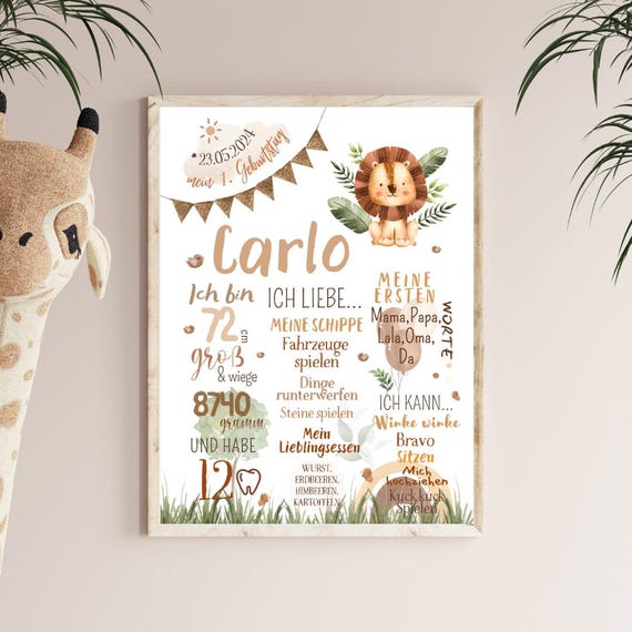 Safari Baby Meilensteintafel personalisiert | Löwe Baby Poster | Geschenk zur Geburt | Geburtsdaten Poster | Safari Kinderzimmer Deko