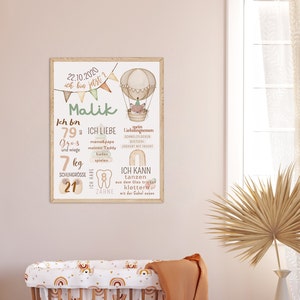 May include: A colorful printable poster for a child's nursery or bedroom. The poster features a hot air balloon with a fox in it, and text that says "22.10.2020 ich bin jetzt 2 Malik". The poster also includes information about the child's age, size, weight, shoe size, and number of teeth.