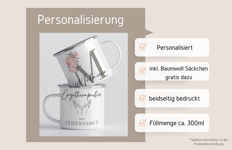 May include: Two white enamel mugs with black text and designs. The top mug has a floral design and the text "Melanie". The bottom mug has the text "Ergotherapeutin aus LEIDENSCHAFT" and a hand design. The mugs are personalized and come with a cotton bag.