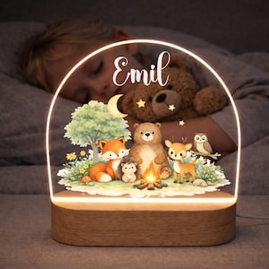 Könnte beinhalten: Nachtlicht mit Holzsockel und einer Waldszene mit Fuchs, Bär, Reh, Eule und Igel um ein Lagerfeuer. Der Name "Emil" wird über der Szene angezeigt und von einem warmen Schein beleuchtet. Das Licht ist gewölbt und hat einen sanften, umgebenden Glanz.