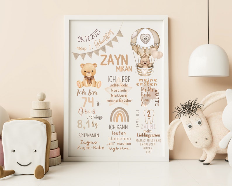 May include: A beige and brown illustrated baby milestone poster with a hot air balloon, teddy bears, and a rainbow. The poster features the name Zayn Mikan and the date 05.12.2021. The poster lists the baby's age, weight, height, first words, and other milestones.