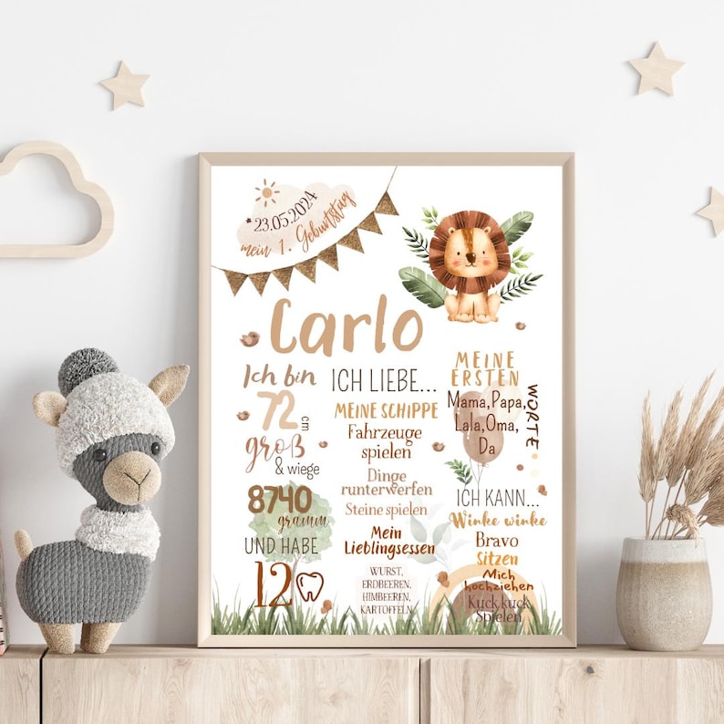 Tablero de hitos de bebé safari personalizado | Póster de bebé león | Regalo para bebé | Póster con fecha de nacimiento | Decoración infantil safari imagen 2