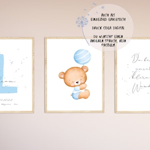 Babyzimmer Bilder 3er Set Junge Mädchen | Personalisierte Kinderzimmer Deko | Tiermotiv Bär mit Luftballon Poster Kinderzimmer