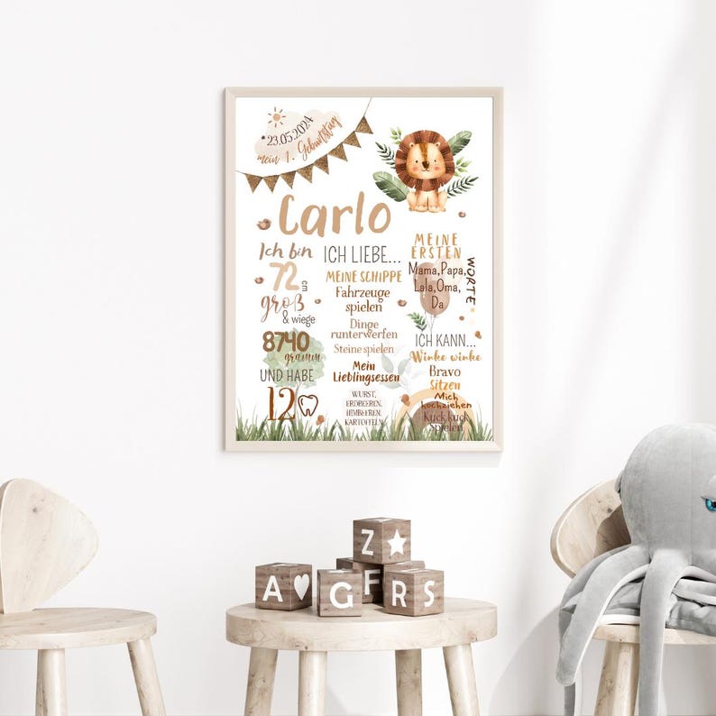 Tablero de hitos de bebé safari personalizado | Póster de bebé león | Regalo para bebé | Póster con fecha de nacimiento | Decoración infantil safari imagen 6