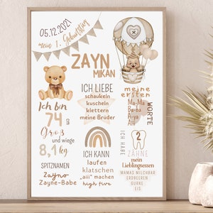 May include: A beige and brown illustrated poster with a hot air balloon, teddy bears, and rainbows. The poster features the name Zayn Mikan and details about the child's first birthday, including their height, weight, and first words.