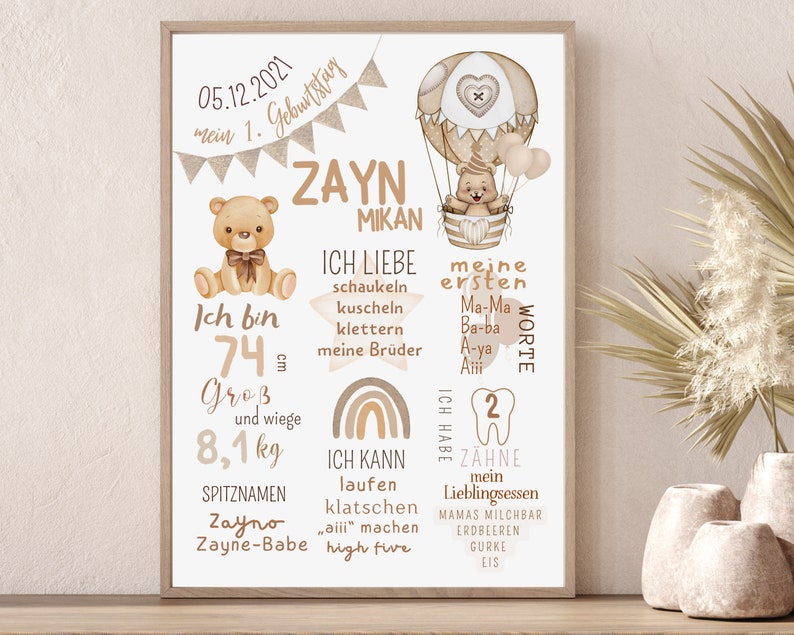 May include: A beige and brown illustrated poster with a hot air balloon, teddy bears, and rainbows. The poster features the name Zayn Mikan and details about the child's first birthday, including their height, weight, and first words.