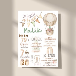 May include: A colorful printable chart for a baby's first year milestones. The chart features a cute fox in a hot air balloon, with details like the baby's name, Malik, birthdate, height, weight, shoe size, and the number of teeth. The chart also includes a list of things the baby can do, such as dance, drink from a glass, climb, and eat with a fork.