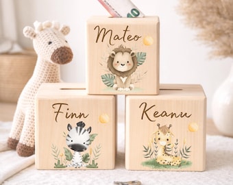 Personalized wooden money box with name – Safari children's room decor – Gift for birth, christening & birthday – Money box with key