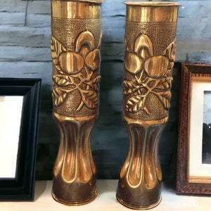 WW1 Trench Art Shell Vases, Pinched bases, Brass Cartridges 1907 /1909 Beautifully Matched & Detailed
