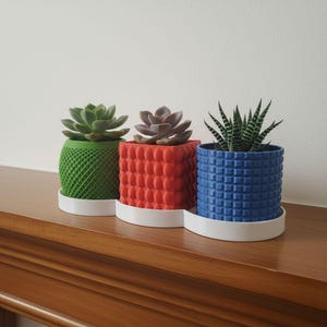 Set med 3 mini-krukor med droppbricka | 3D-printade suckulentkrukor | Pastellfärger eller ljusa färger | Små kaktuskrukor | Söta skrivbordskrukor