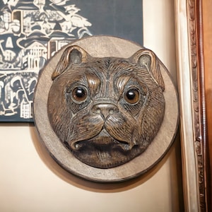 Beautifully detailed Miniature Antique Pug Wooden Deco French Ornament Glass Eyes Unique Piece Collectible Miniature
