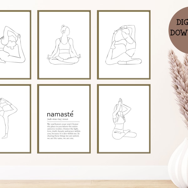 8pc Yoga Poses Printable Wall Art Set, Minimalist Yoga Poster, Namaste Definition Poster, One Line Art Yoga Poster, Minimalist Printable Art