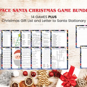 Paquete de 14 juegos imprimibles navideños de Space Santa MÁS lista de regalos navideños adicionales y carta a Santa estacionaria - Descarga instantánea